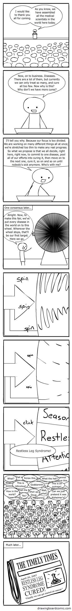 I hope I don't offend anyone who thinks I'm insinutating Restless Leg Syndrome is not a real ailment. It is. It just would probably be better to cure leukemia first.