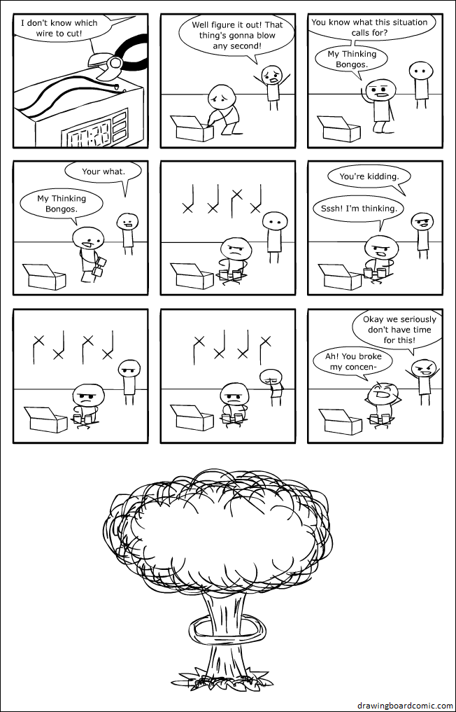 I would tell him to cut the red wire, but there is no color in this comic.